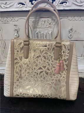 Brahmin Metallic Champagne Floral Embossed Tote with Beige Trim